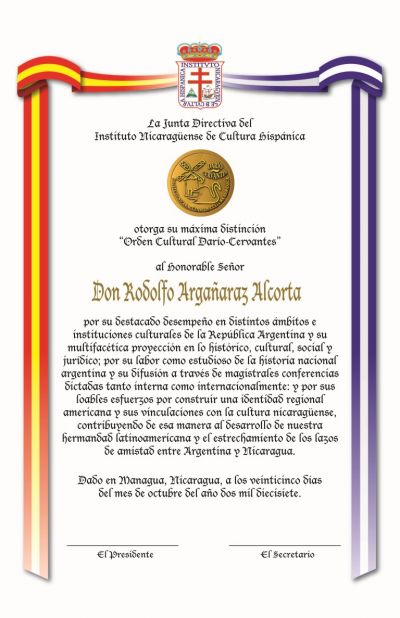 Distinción del Instituto Nicaragüense de Cultura Hispánica (INCH)